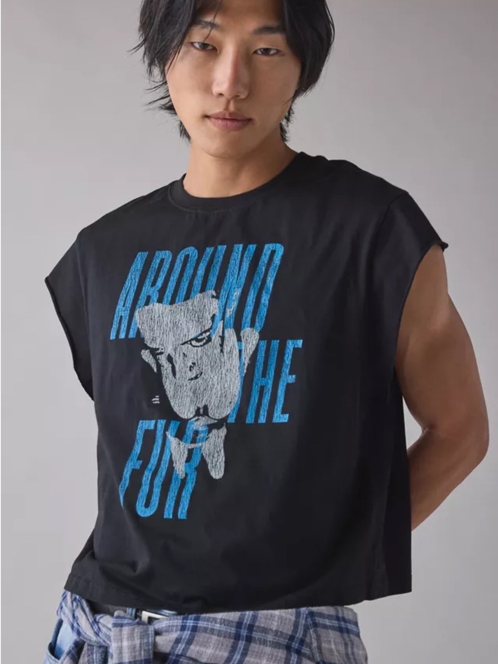 Unisex Urban Outfitters Black Sleeveless Graphic Tank with Blue and Gray Print